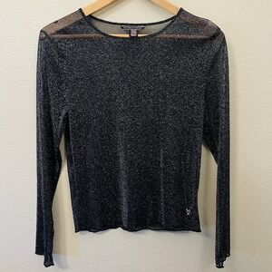 Victoria's Secret Sheer Black Silver Metallic Long Sleeve Top Rock Goth Sz XS/S‎